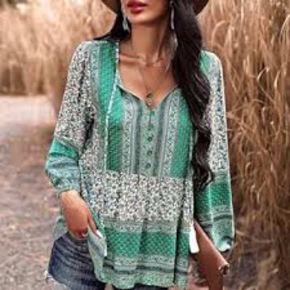 SHEIN Tops - SHEIN Gray and Blue Long Sleeve Peplum Blouse